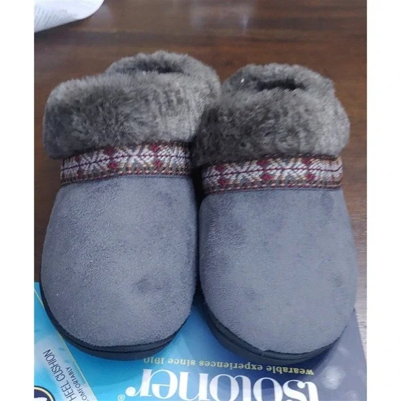 NEW Isotoner Womens Microsuede Fair Isle Gray Scuff Slippers Clogs M 7.5-8 75672 - Picture 1 of 3